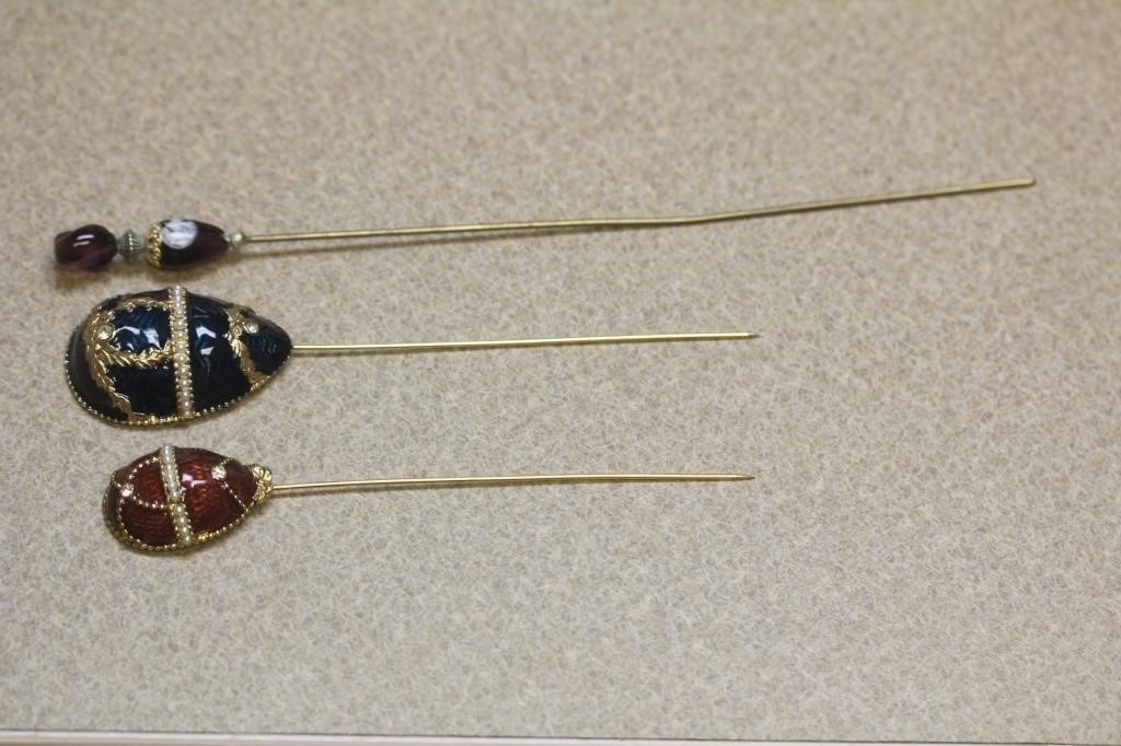 Lot of 3 Glass and Enamel Hair Pins
