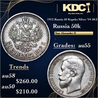 1912 Russia 50 Kopeks Silver Y# 58.2 Grades Choice