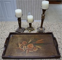 Wood Tray w/Candle Stick Holders