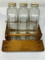 Vintage Set of 3 Clear Bottles with Wood Stand.