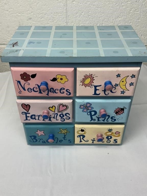 Painted Wood Jewelry Box with 6 Drawers 8" x 7" x