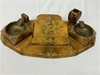 Vintage hand, carved wood base dual ashtray