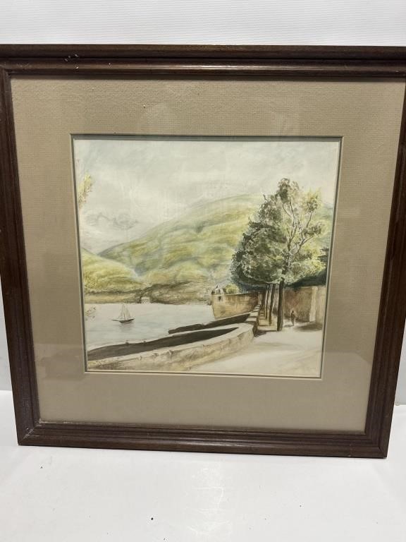 Framed painting print boat on Hillside wood frame