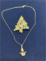 Christmas tree brooch pin and snowman necklace