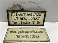 2- wood and metal clean house wall hang signs -