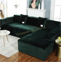 L-Shape Velvet Sofa Cover 3+3  Dark Green