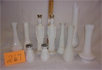 several milk glass vases/bottles/salt/pepper