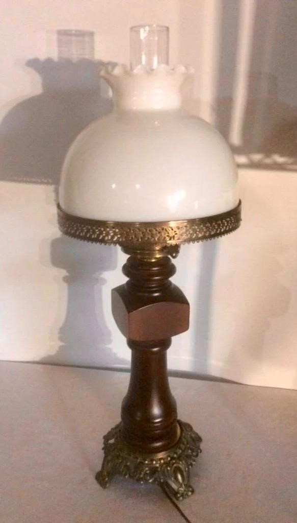 Vintage Wood & Milk Glass 3 Way Lamp