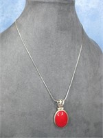 Sterling Silver Chain W/Red Pendant Hallmarked