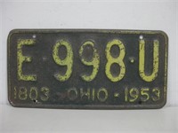 Vtg 1953 Ohio License Plate