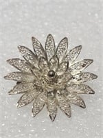 Delicate Silver Filigree Flower Brooch