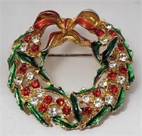 Christmas Wreath Rhinestone Brooch Pendant Vintag