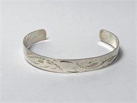 Etched Silver Bracelet Cuff Style Signed B SterliG