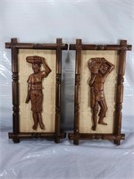 3D Man and Woman Framed 15" Wooden Carved Asian