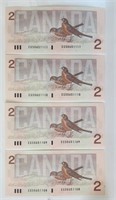 Canada $2 1986 4 Consecutive Serial Numbers