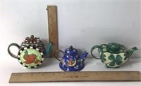 3 Vintage Miniature Enameled Copper Teapots. UJC