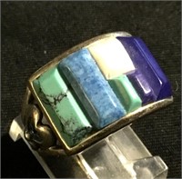 Multi Stone Blue/Turquoise Inlay Ring SZ 6 1/2