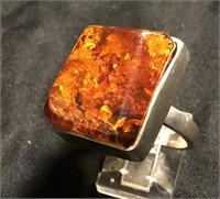 Off Cut Baltic Amber &Sterling Silver Ring 7 3/4