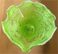 Midcentury Green Handblown Glass Ruffled Edge Bowl