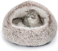 Plush Hooded Cat Bed  Coffee  24 Inches