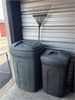 2 Trash Cans, Yard Rake U235