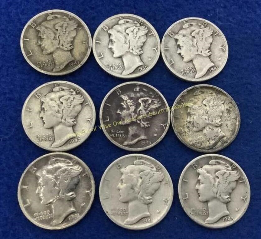 (9) Mercury silver dimes  1940s