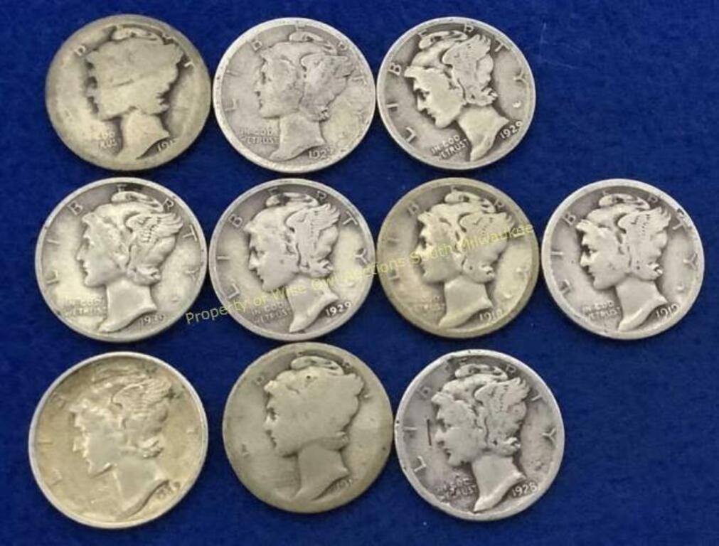 (10) Mercury silver dimes  1910s, 20s, 30s