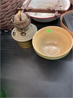Antique Pottery Bowl & Oil Lamp Base