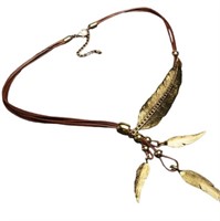 Bohemian Style Coffee & Goldtone Feather Necklace