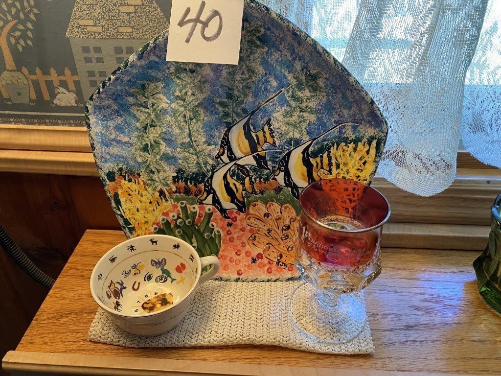 SIGNED HAND PAINTED FISH PLATE - MYSTIC CUP - MORE