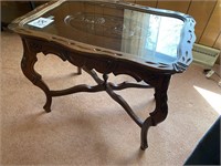 SOLID WOOD CARVED TOP TABLE W/ GLASS TRAY TOP