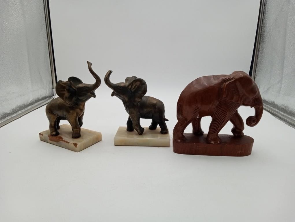 Cast  metal Elephants bookends marble base & wood