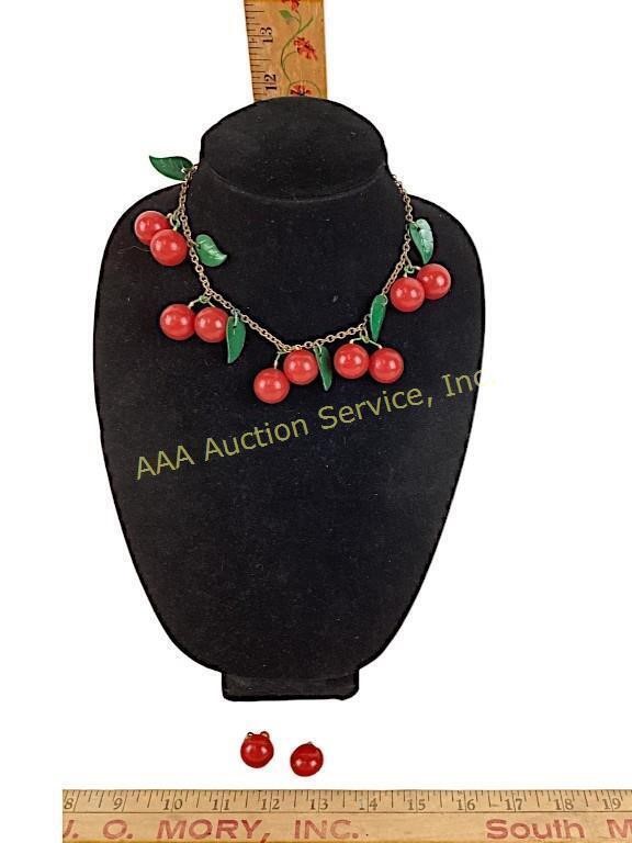 Bakelite cherry necklace & earrings - red &