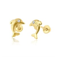 14k Gold White Topaz Dolphin Stud Earrings