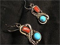 Native American Sterling Coral/Turquoise Earrings