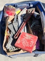 Large tub of tools , misc. 25" Pipe wrench, come