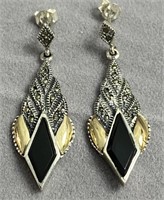 18k Gold Sterling & Onyx Dangle Earrings