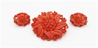 ANTIQUE CORAL FLORAL BROOCH AND EARRING SET