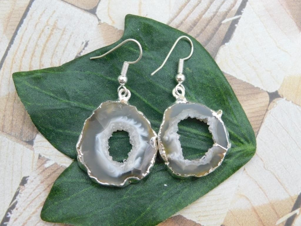 GEODE SLICE EARRINGS ROCK STONE LAPIDARY SPECIMEN