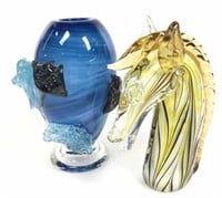 (2pc) Art Glass Vase, Horse Bust