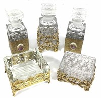 (5pc) French Ormolu Vanity Glass Boxes & Bottles