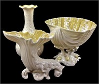 (3pc) Belleek Porcelain Vases, Candy Dish