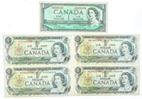 Lot 5 - Bank of Canada $1 - 4 x 1973, 1 x 1954.1