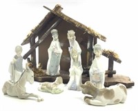(9) Lladro Porcelain Nativity Figurines W/ Creche