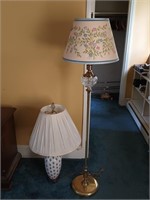 Brass floor lamp and porcelain table lamp look at