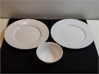 3pc Milk Glass Dinner Plates & Bowl Arcopal