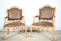 Vtg French Versailles Carved Wood/Leather Chairs