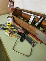 WOODEN TOOL BOX WITH SOME TOOLS