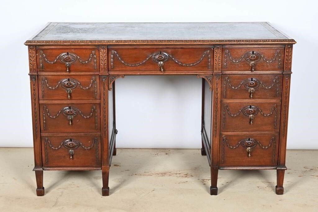 Rare Early European Leather Top Carved Wood Desk