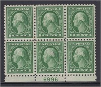 US Stamps #424 Plate Number Block of Six, well-cen